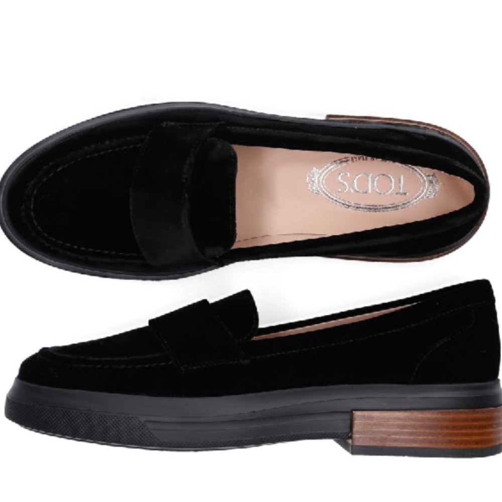 Tod's black velvet loafers